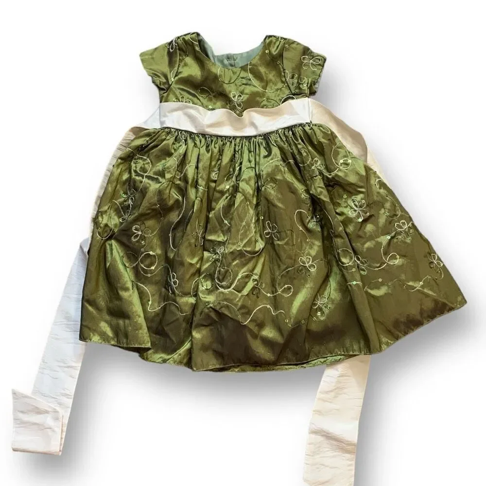 Sweet Pea & Lilli Dress‎ Green Cream Embroidered Floral Design Cream Sash